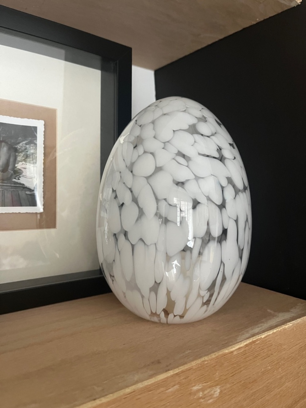 White & Gray Speckled Handblown Glass Egg Sculpture